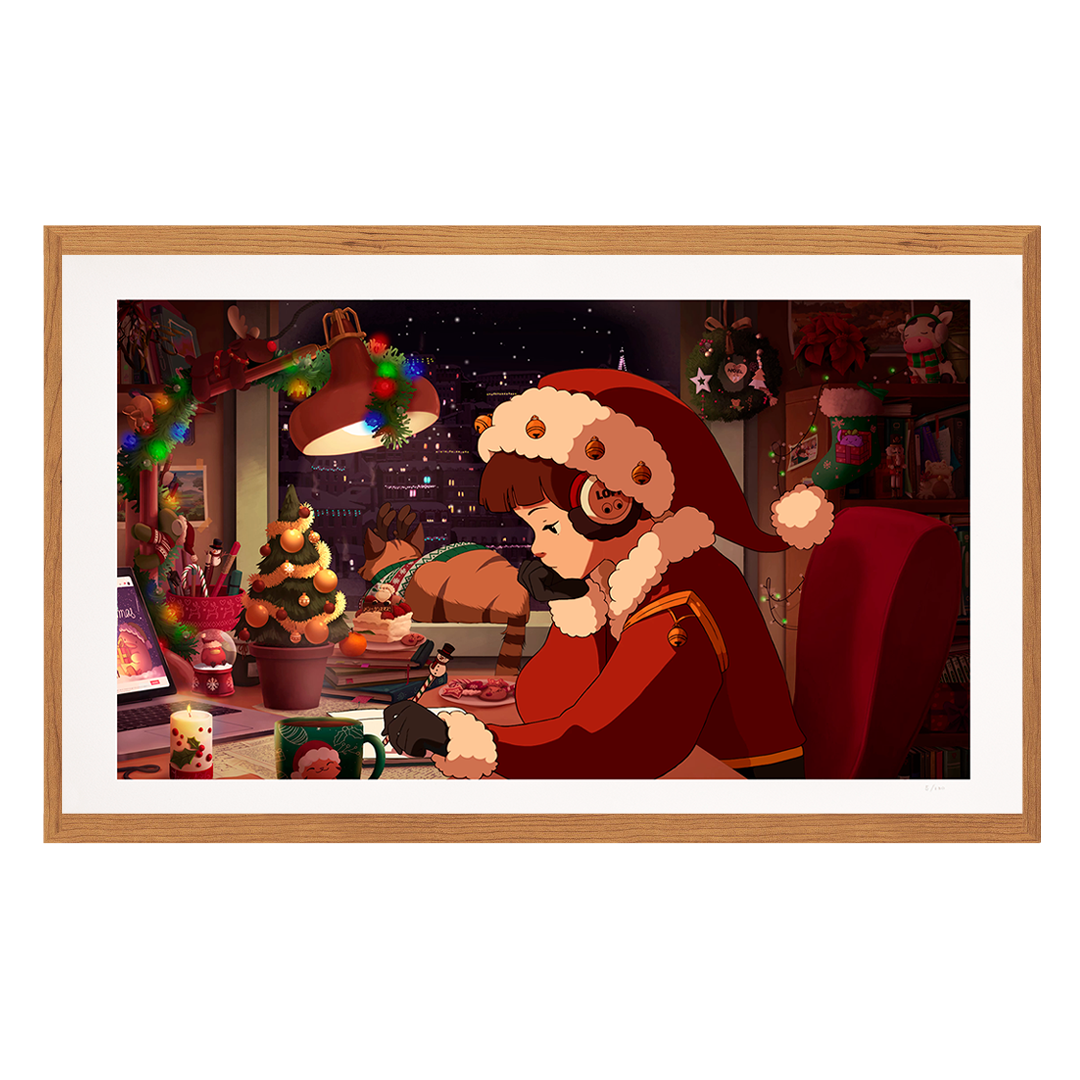Illustration of a person in a Santa hat sitting at a table with a cat, surrounded by festive decorations.