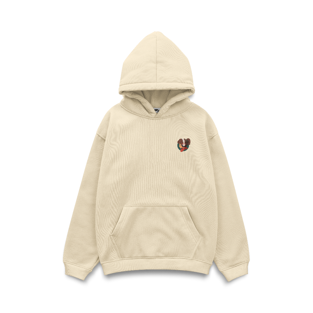 Beige hoodie with a small logo on a white background
