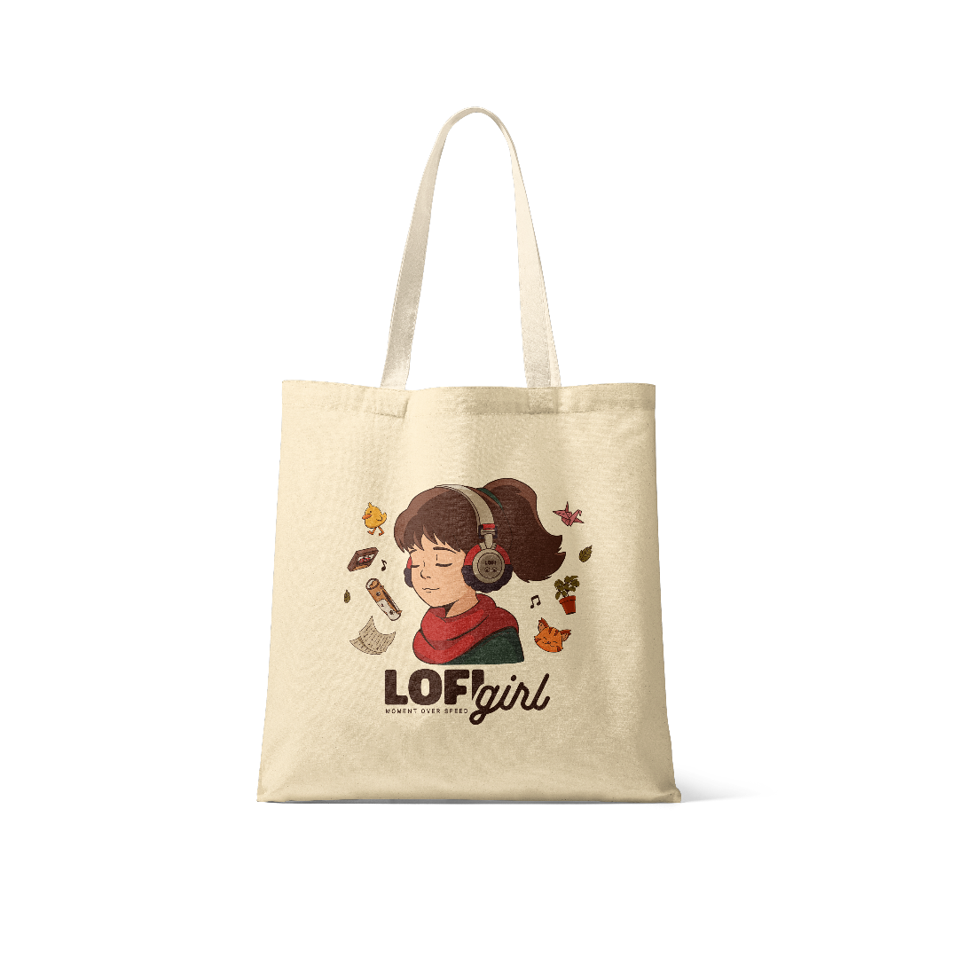 Beige tote bag with an illustration of a girl and 'LOF girl' text on a white background