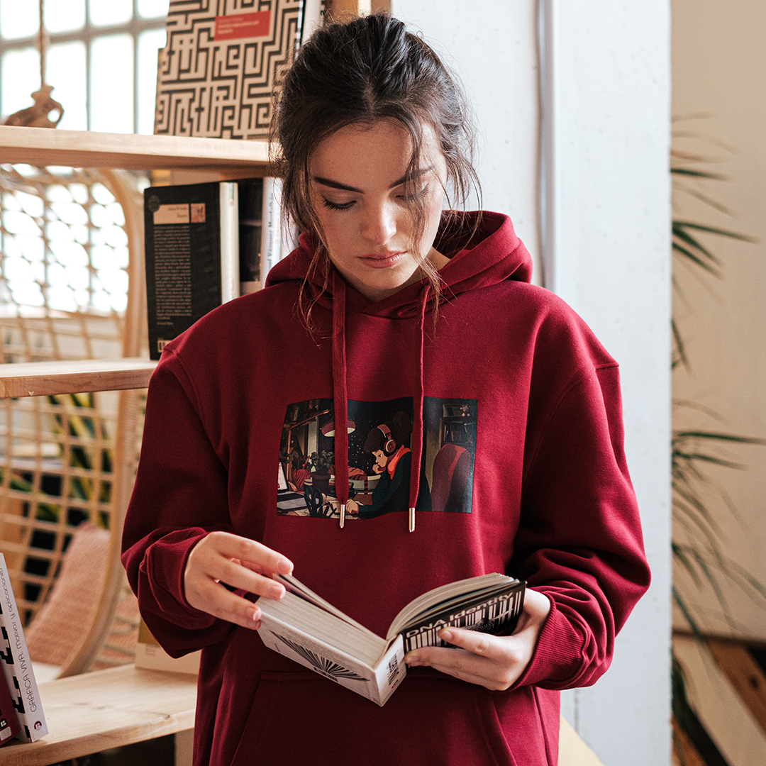 Girl in red hoodie sales
