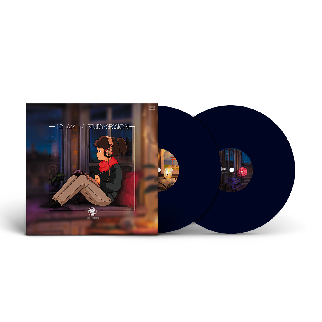 Lofi Girl 12 A.M Study Session vinyl record with blue design and cover featuring an illustration of a person sitting.