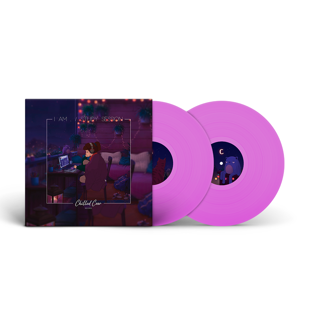 Lofi Girl 1 A.M Study Session purple vinyl record with cover featuring a person in a room with lights.