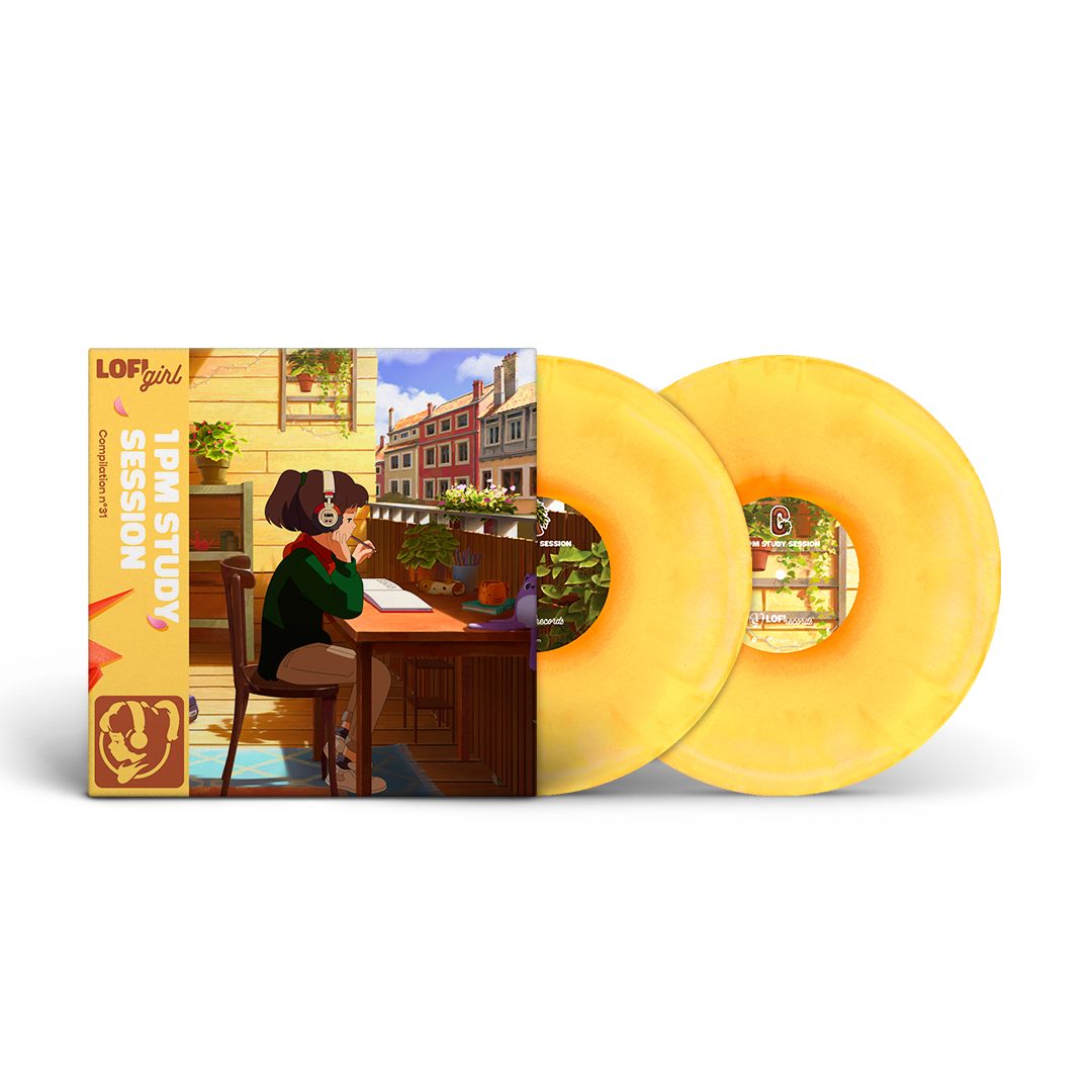 Yellow vinyl record with a stylized illustration of a person at a desk on the cover