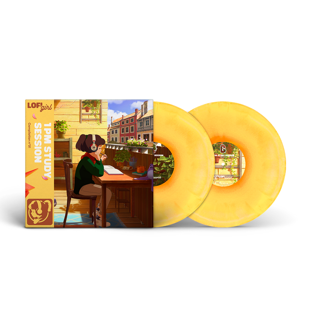 Yellow vinyl record with a stylized illustration of a person at a desk on the cover