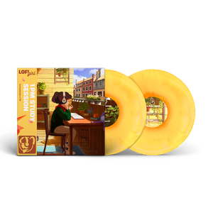 
                  
                    Yellow vinyl record with a stylized illustration of a person at a desk on the cover
                  
                