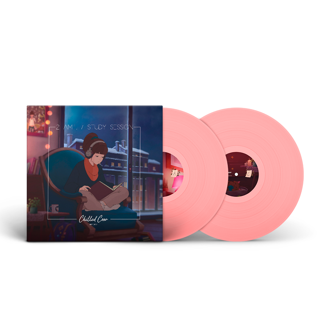 Lofi Girl 2 A.M Study Session vinyl record with pink disc and cover featuring a person reading a book in a cozy setting.