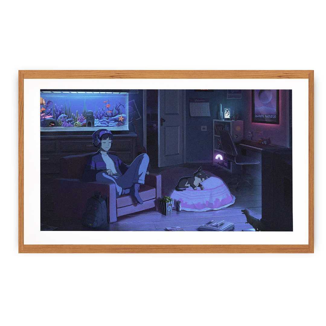 Framed artwork of a person sitting in a room with a cat and aquarium.