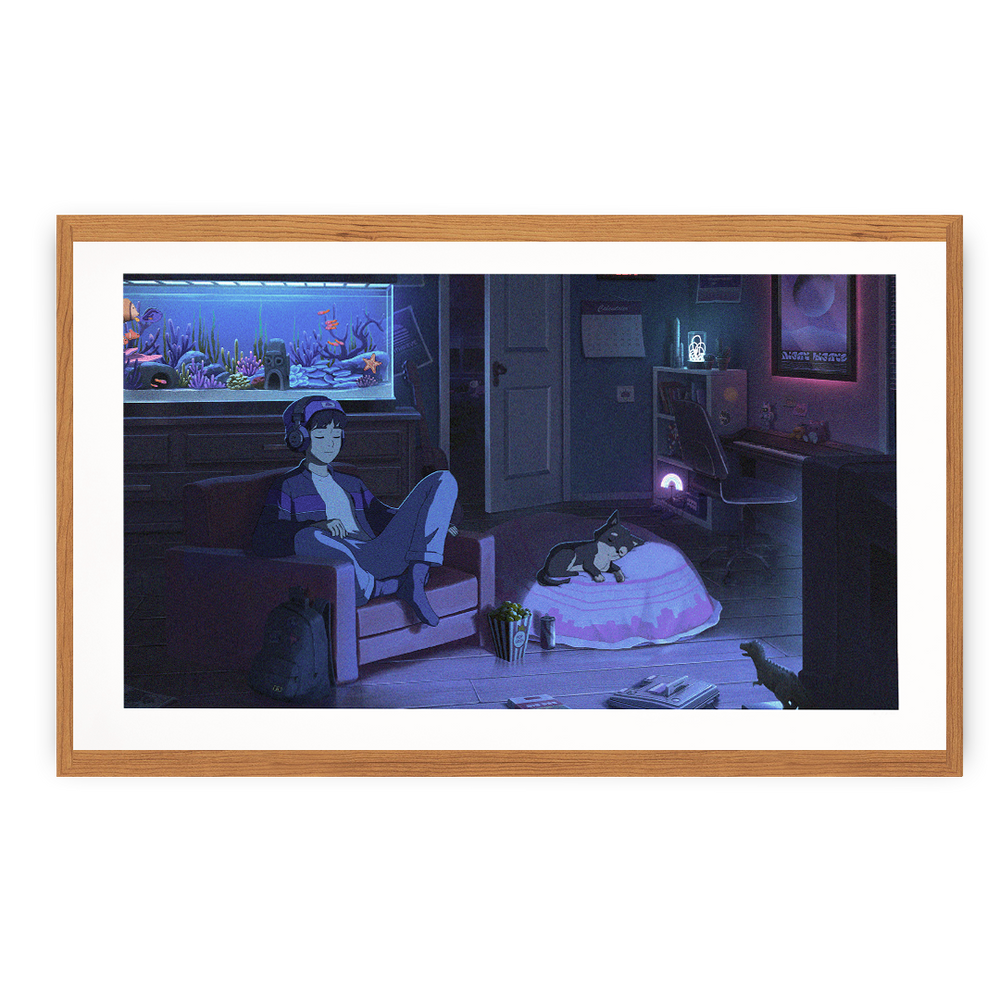 Framed artwork of a person sitting in a room with a cat and aquarium.