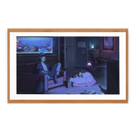 Framed artwork of a person sitting in a room with a cat and aquarium.
