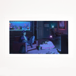 An illustrated print titled '3am Lofi Boy,' depicting a serene night-time scene in a dimly lit room. Lofi Boy is sitting in a cozy armchair, wearing headphones and a purple jacket, engrossed in his thoughts or music. Next to him, Lofi Boy Dog is comfortably lying on a soft blanket. The room is filled with calming details, such as a glowing aquarium, soft ambient lighting, and a desk with a computer setup, creating a peaceful, contemplative atmosphere perfect for late-night relaxation.