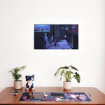 An illustrated print titled '3am Lofi Boy,' depicting a serene night-time scene in a dimly lit room. Lofi Boy is sitting in a cozy armchair, wearing headphones and a purple jacket, engrossed in his thoughts or music. Next to him, Lofi Boy Dog is comfortably lying on a soft blanket. The room is filled with calming details, such as a glowing aquarium, soft ambient lighting, and a desk with a computer setup, creating a peaceful, contemplative atmosphere perfect for late-night relaxation.