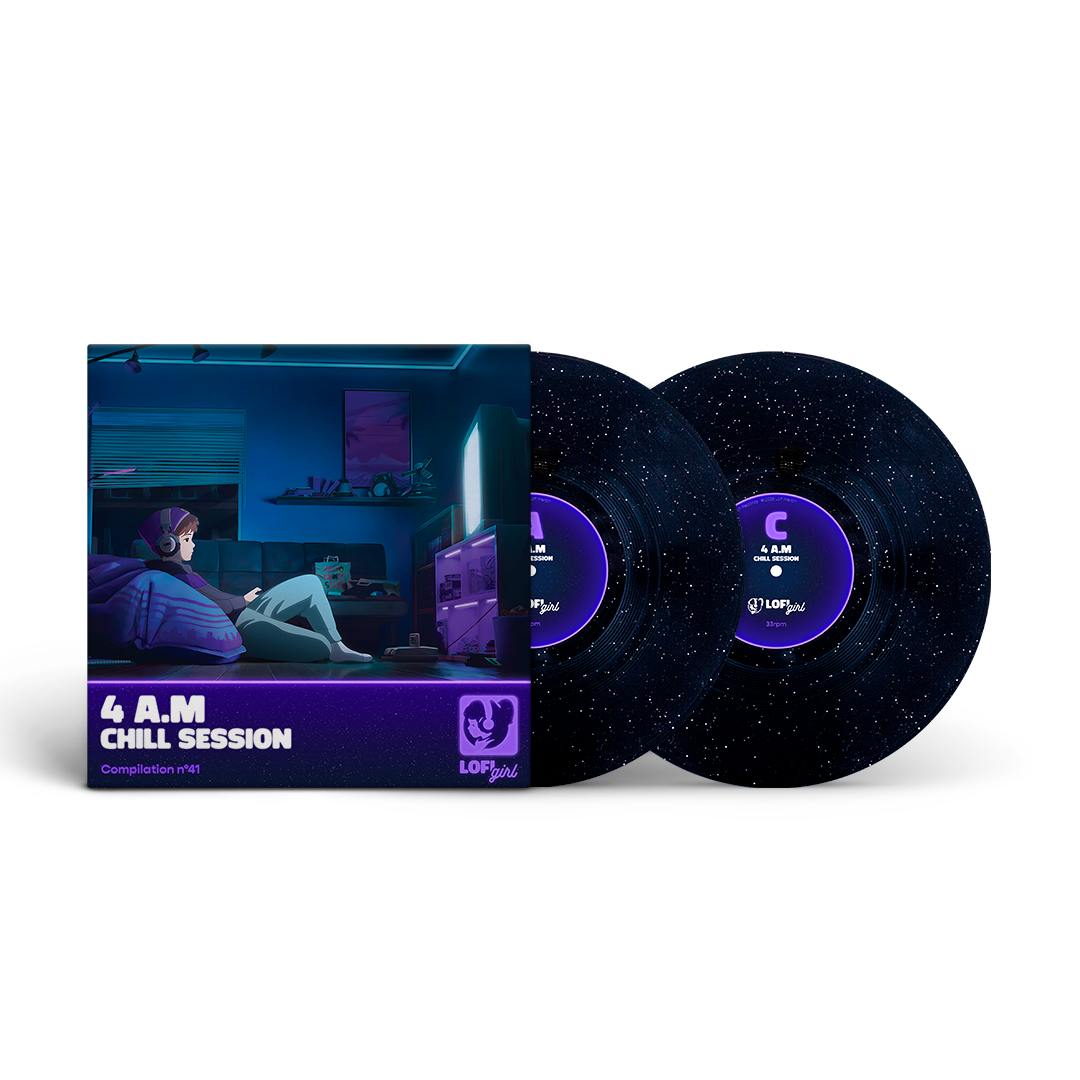 lofi boy vinyl records with packaging titled '4 A.M. Chill Session' on a white background