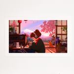 Lofi girl print, Asian art, study girl artwork, tranquil art, Japanese room print, cherry blossom art, cozy study scene, relaxation art, headphone girl print, serene study art.