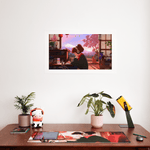 Lofi girl print, Asian art, study girl artwork, tranquil art, Japanese room print, cherry blossom art, cozy study scene, relaxation art, headphone girl print, serene study art.