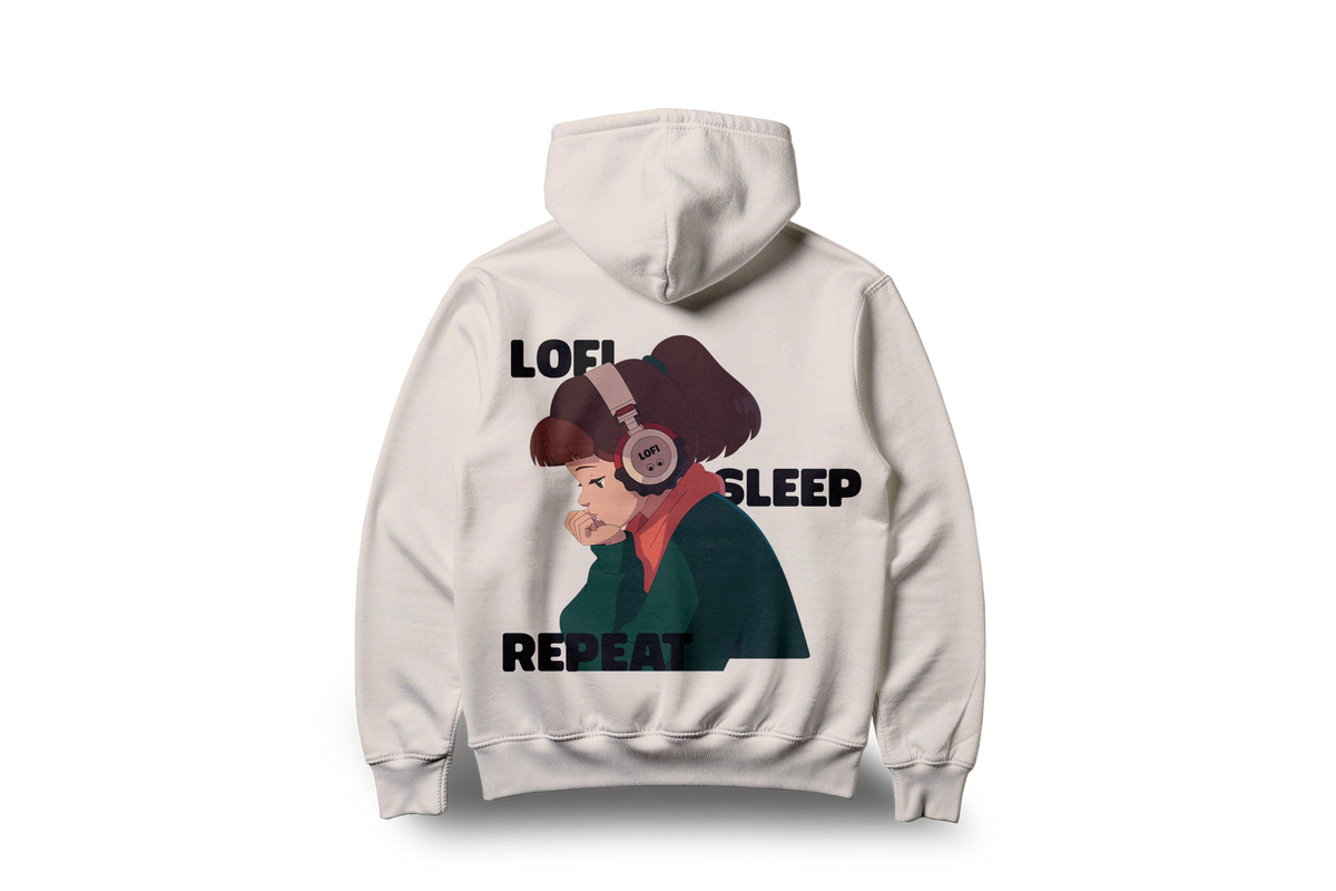 Lofi Girl Lofi Loop Hoodie in beige, back view with a full-color printed illustration of Jade from Lofi Girl in her green sweater and headphones, framed by LOFI SLEEP REPEAT