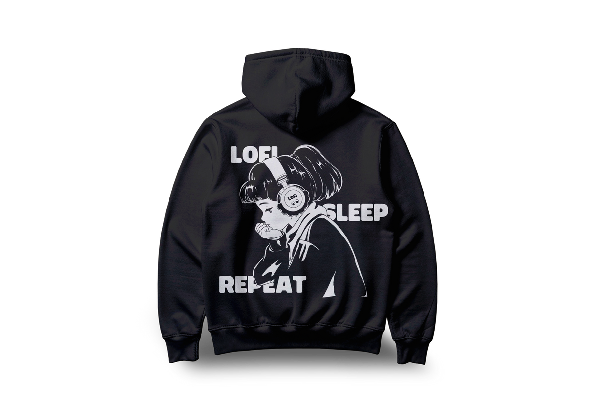 Lofi Girl Lofi Loop Hoodie in black, back view with a large printed illustration of Jade from Lofi Girl in her headphones, framed by LOFI SLEEP REPEAT