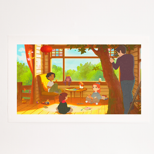 
                  
                    A cozy treehouse scene bathed in warm, golden light, featuring three children and one adult. One child sits on a chair by the window reading a book, another child sits cross-legged on the floor playing with a teddy bear, and a third child is coloring on the floor. The adult is perched on a ladder taking a photo with a camera. The treehouse is surrounded by lush green foliage visible through the large windows, creating a nostalgic and serene atmosphere reminiscent of cherished childhood memories.
                  
                