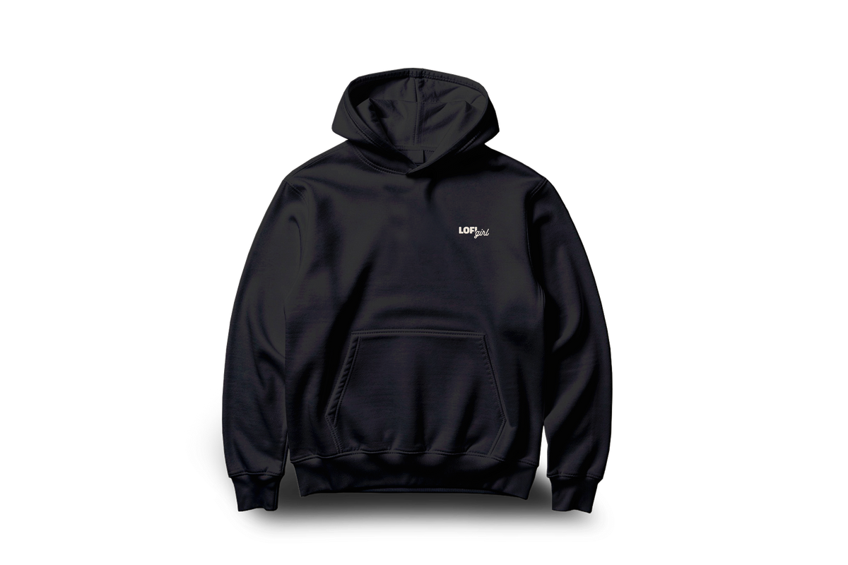 Lofi Girl Lofi Loop Hoodie in black, front view with a small embroidered Lofi Girl logo on the chest