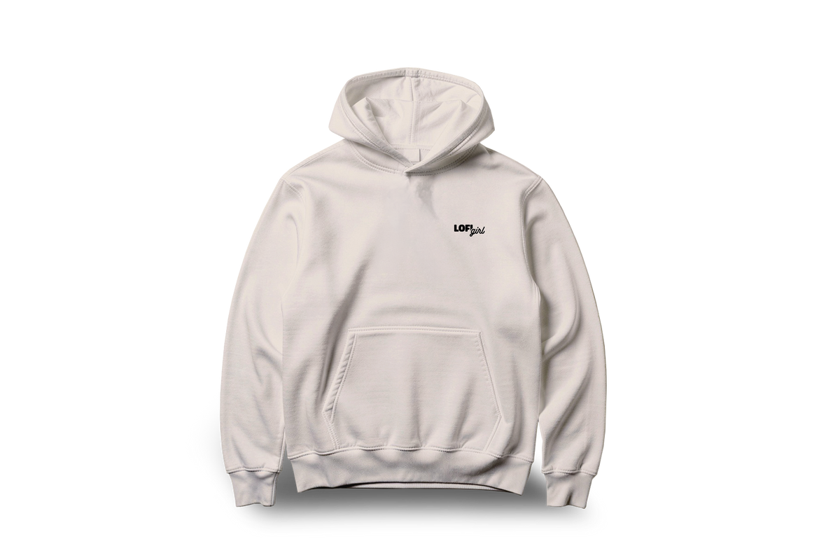Lofi Girl Lofi Loop Hoodie in beige, front view with a small embroidered Lofi Girl logo on the chest