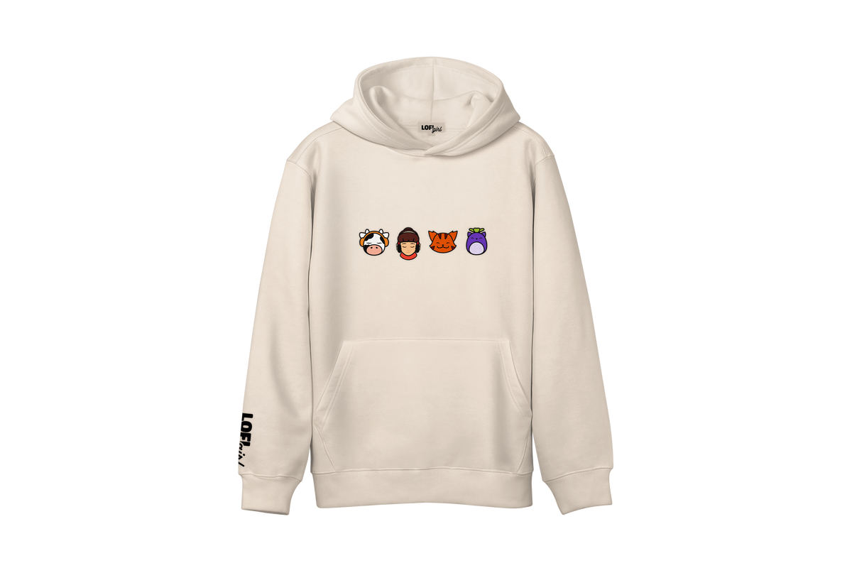 Sweat à capuche Lofi Mascots Colored Lofi Girl beige, vue de face avec Lofi Girl, ChilledCow, Pocky le chat et Mochi brodés en couleurs, et un logo Lofi Girl sur la manche