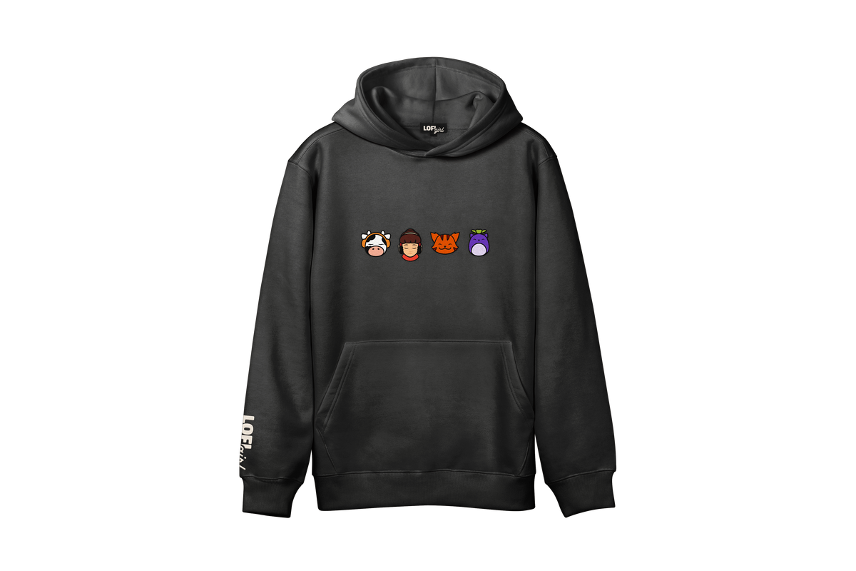 Sweat à capuche Lofi Mascots Colored Lofi Girl noir, vue de face avec Lofi Girl, ChilledCow, Pocky le chat et Mochi brodés en couleurs, et un logo Lofi Girl sur la manche