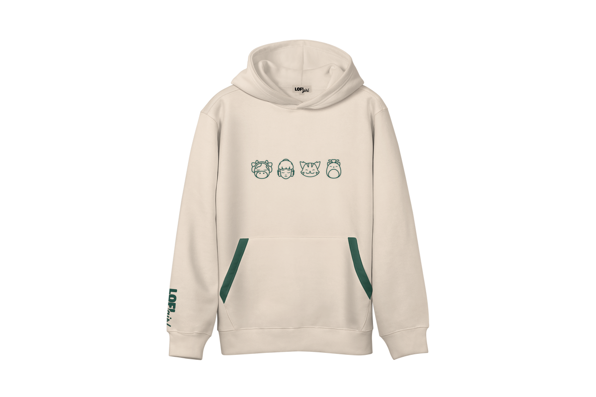 Sweat à capuche Lofi Mascots Outline Lofi Girl beige, vue de face avec Lofi Girl, ChilledCow, Pocky le chat et Mochi brodés en vert, finitions vertes sur la poche et logo Lofi Girl sur la manche