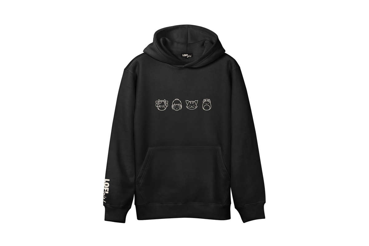 Sweat à capuche Lofi Mascots Outline Lofi Girl noir, vue de face avec Lofi Girl, ChilledCow, Pocky le chat et Mochi brodés au trait couleur crème, et un logo Lofi Girl sur la manche