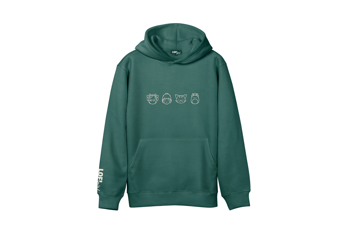 Lofi Girl Lofi Mascots Outline Hoodie in green, front view with cream line-art embroidered Lofi Girl, ChilledCow, Pocky the cat and Mochi, and a Lofi Girl logo on the sleeve