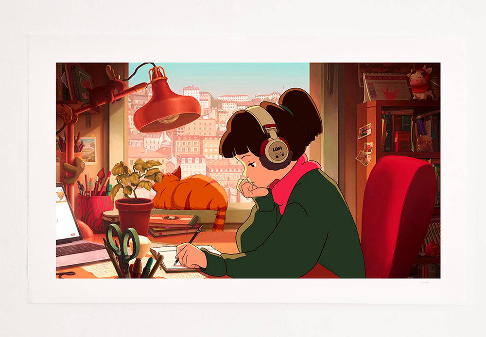 A print of Lofi Girl studying at her desk with a city view outside the window. Her cat is sleeping on the windowsill, and she is writing on a notepad. The print is labeled '5/100' in the bottom right corner.