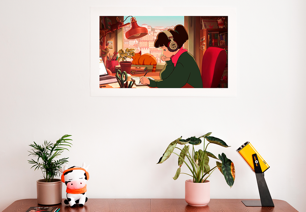 A Lofi Girl print mounted on the wall above a desk. The desk has plants, a plush toy, and a mouse pad featuring Lofi Girl artwork. The print shows Lofi Girl studying with a cat on the windowsill behind her.