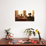 A minimalist desk setup featuring a print of a library-themed illustration with a girl wearing headphones, hung above the desk. The desk is neatly arranged with potted plants, a plush cow toy, and colorful desk accessories, creating a serene and organized workspace.