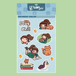 Sticker sheet titled "Lofi girl STICKER SET" with a theme of "SATURDAY CHILLIN'." The sheet features the "Lofi Girl" character in various relaxing poses with her orange cat and small yellow birds. Stickers include the girl lying down, reading, writing, and relaxing, as well as a "Stay Chill" text with the cat on top, the cat sitting alone, a stack of books with a bird, and a seagull with a flower on its head. The background is light blue with subtle flower patterns.