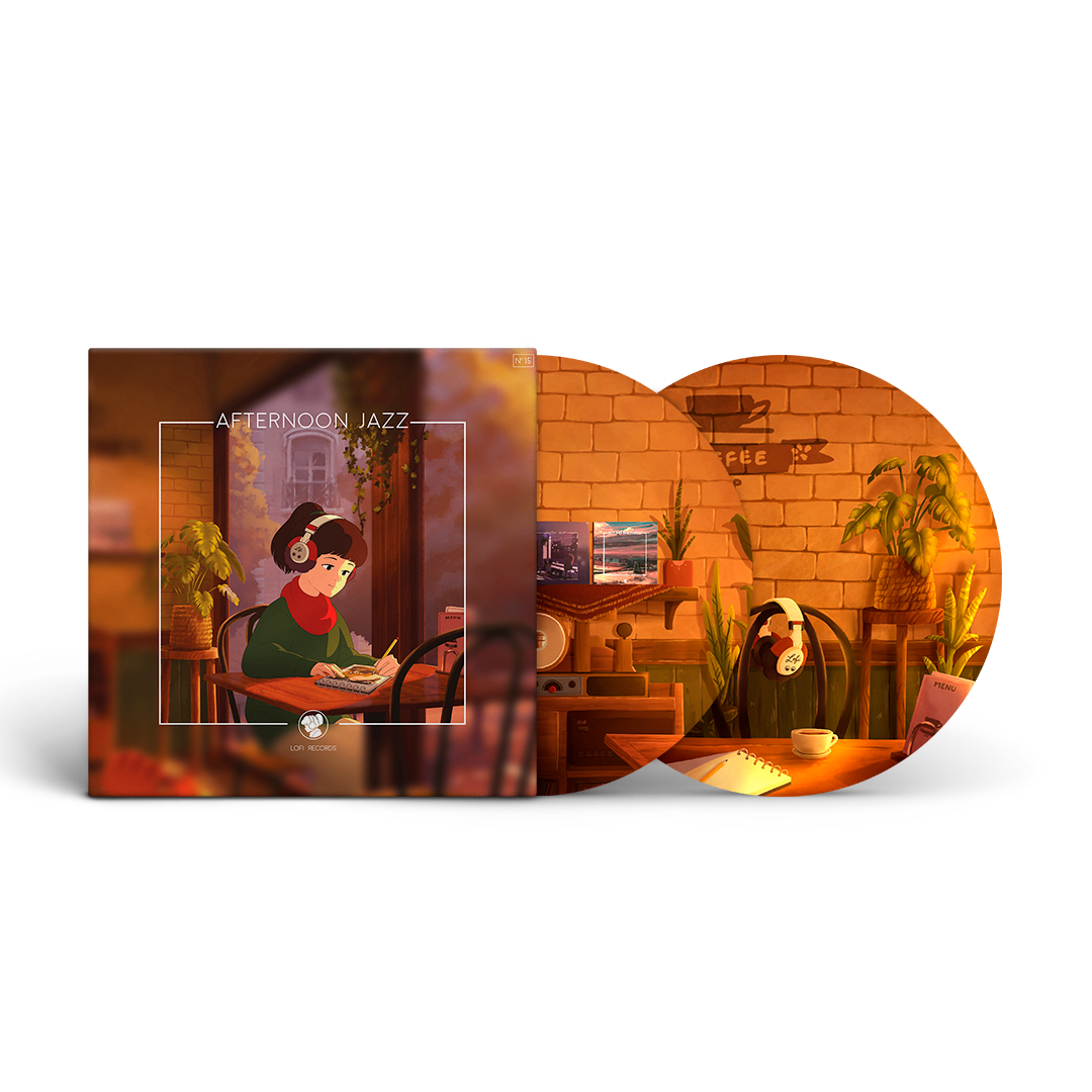 Lofi Girl Afternoon Jazz picture disk vinyl record with a colorful cover featuring a person lounging on a couch.