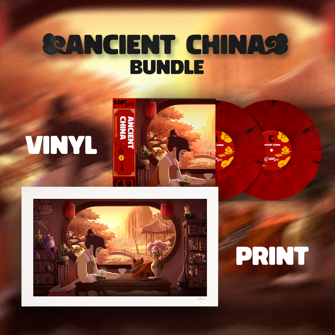 Promotional graphic for Lofi Girl 'Ancient China' vinyl and print bundle with artistic illustrations and red vinyl records.