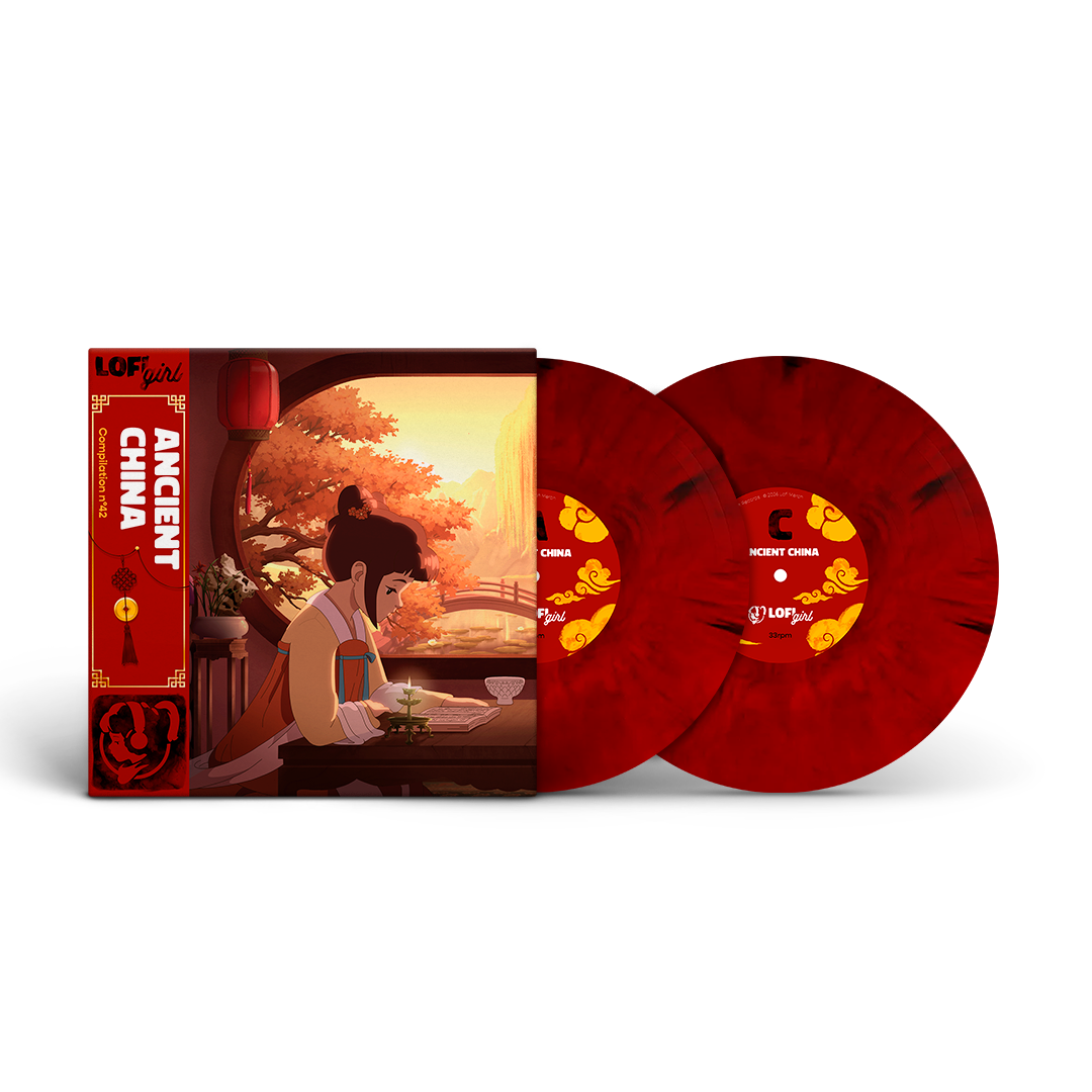 Lofi Girl Ancient China record with red marble vinyl records displaying side A and side C