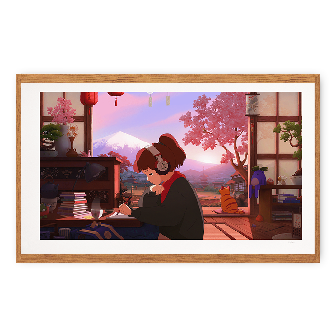 Framed artwork of a person in a kimono sitting at a desk with a cat, cherry blossom tree, and mountain in the background.