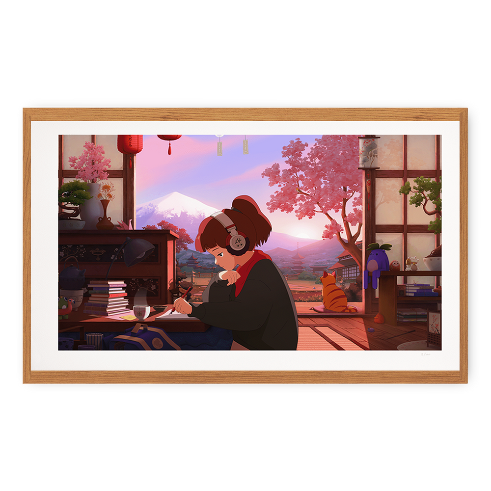 Framed artwork of a person in a kimono sitting at a desk with a cat, cherry blossom tree, and mountain in the background.