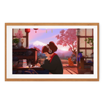 Framed artwork of a person in a kimono sitting at a desk with a cat, cherry blossom tree, and mountain in the background.