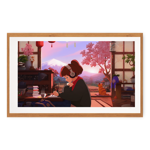 
                  
                    Framed artwork of a person in a kimono sitting at a desk with a cat, cherry blossom tree, and mountain in the background.
                  
                