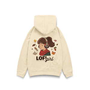 
                  
                    Beige hoodie with a graphic design of a girl wearing headphones and the text 'LOFi girl' on the back.
                  
                
