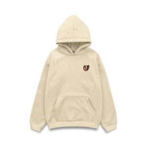 Beige hoodie with a small logo on a white background