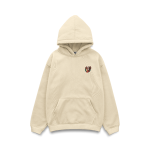 
                  
                    Beige hoodie with a small logo on a white background
                  
                