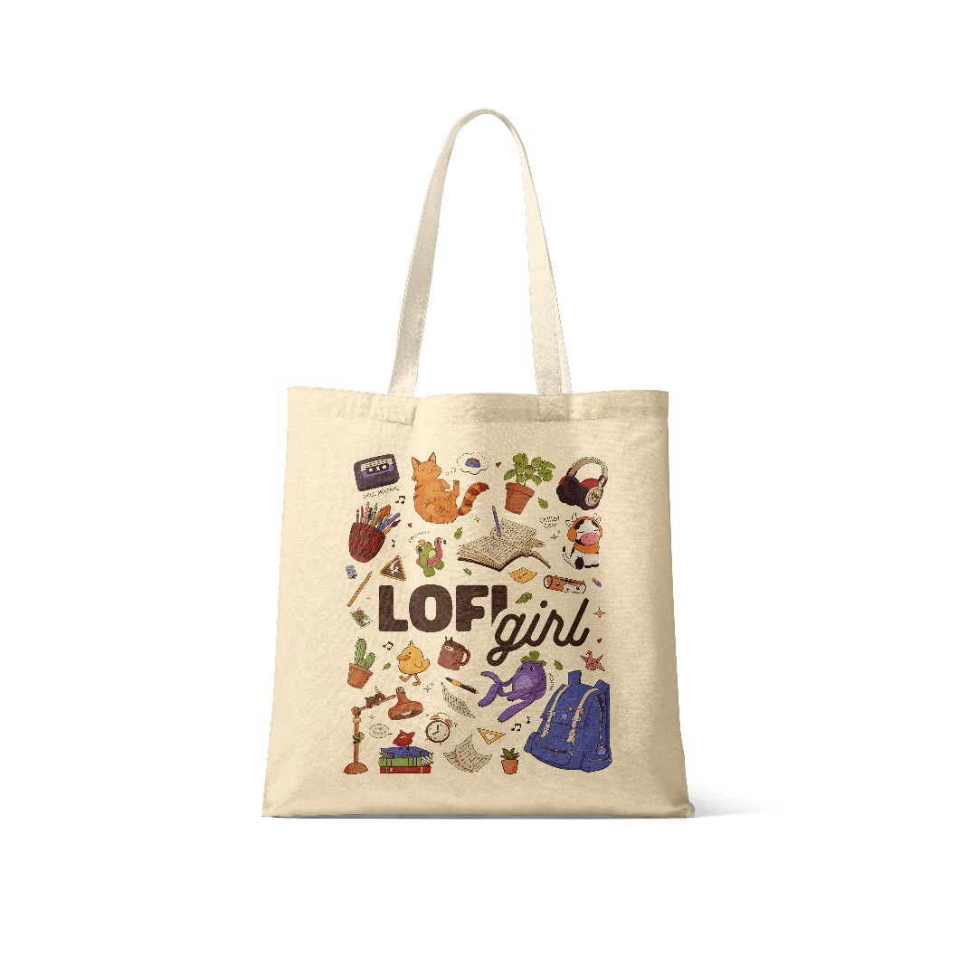 Tote bag with 'LOFI girl' design featuring various illustrations on a white background