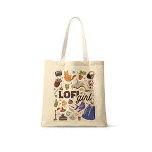 
                  
                    Tote bag with 'LOFI girl' design featuring various illustrations on a white background
                  
                