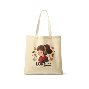 
                  
                    Beige tote bag with an illustration of a girl and 'LOF girl' text on a white background
                  
                