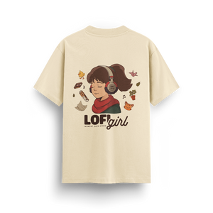 
                  
                    Beige t-shirt with a graphic design on the back featuring a girl with headphones and the text 'LOFi girl'.
                  
                