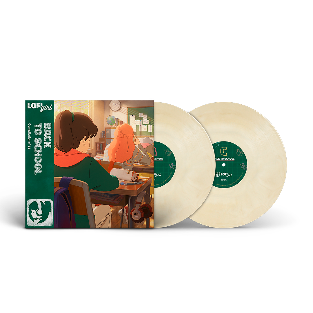 Vinyl records with a 'Back to School' theme and illustration of students in a classroom on the cover.
