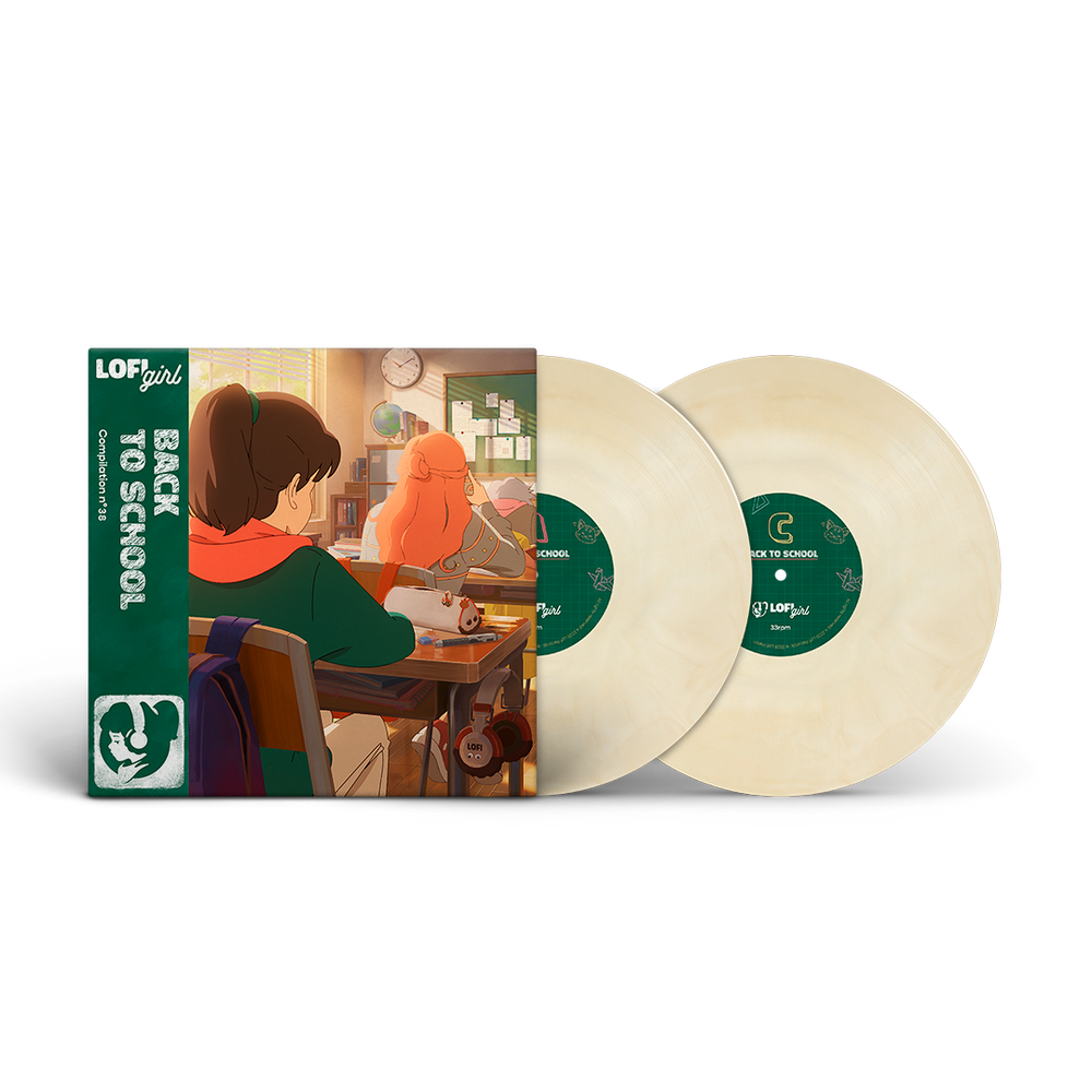 Vinyl records with a 'Back to School' theme and illustration of students in a classroom on the cover.