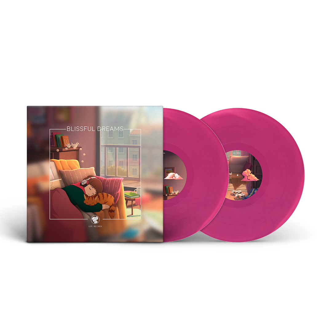Lofi Girl Blissful Dreams vinyl record with a colorful cover featuring a person lounging on a couch.