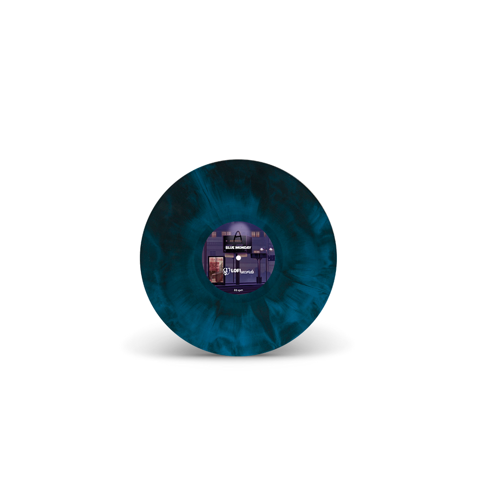
                  
                    Vinyl record with a blue and black marbled design on a white background
                  
                